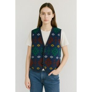 David Wayne Aztec Fleece Vest Womens M‎ Blue Red Green Geometric Boho Vtg Artsy